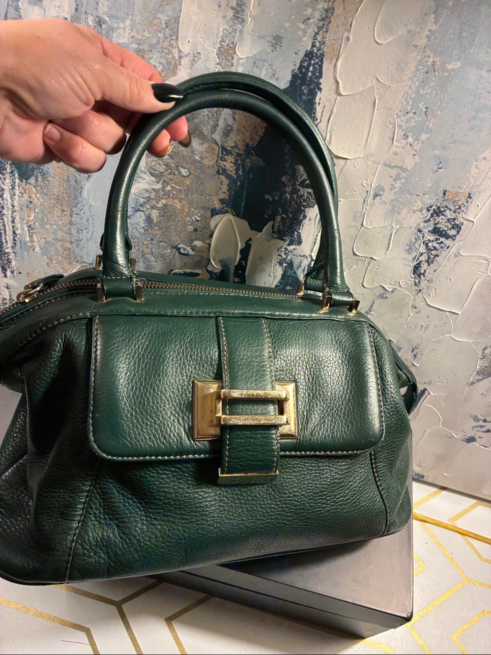 Vintage Liz Claiborne Dark Green Leather Top-Handle Satchel with Gold Hardware - Picture 10 of 15